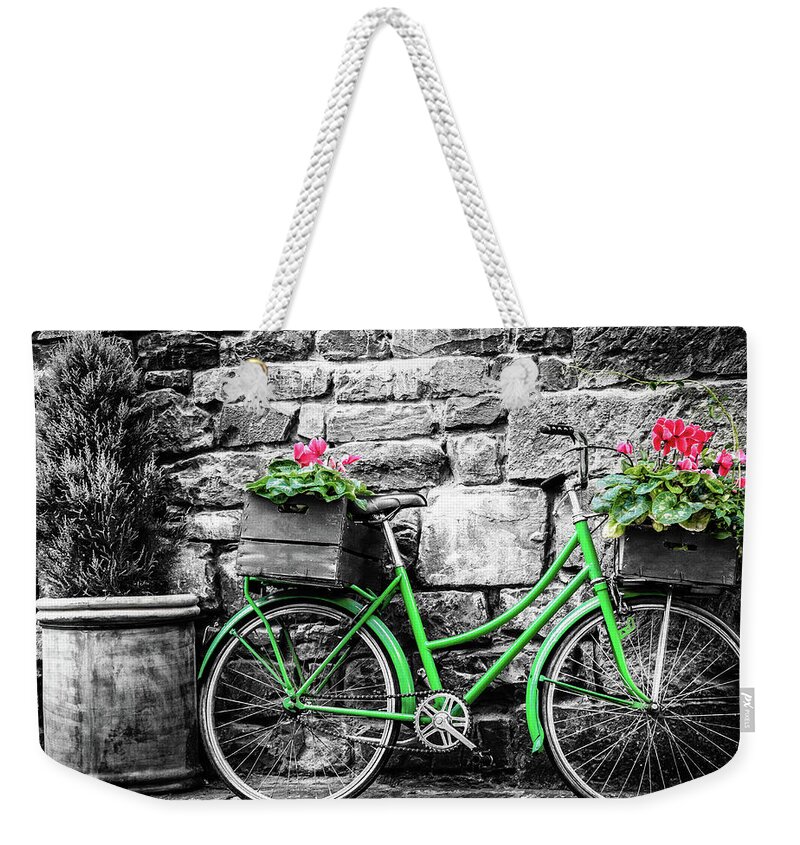 Europe Weekender Tote Bag featuring the photograph Green bicycle with flowers by Alexey Stiop
