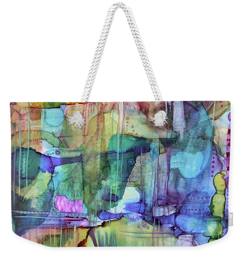 Abstract Weekender Tote Bag featuring the painting Green Cow by Winona's Sunshyne
