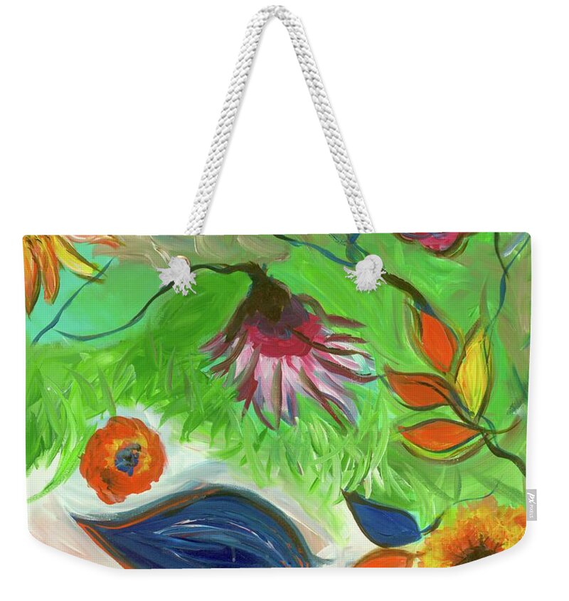 Flower Weekender Tote Bag featuring the painting Green Flower Abstract Swirls by Britt Miller