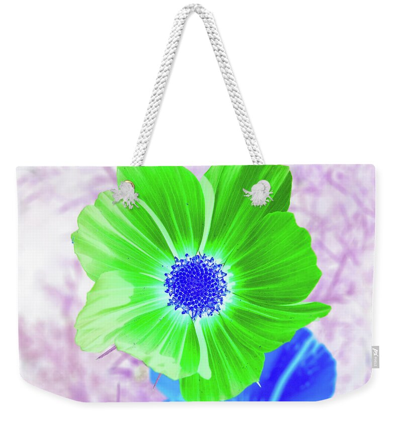 Lavender Weekender Tote Bag featuring the digital art Green Flower On Purple by David Desautel