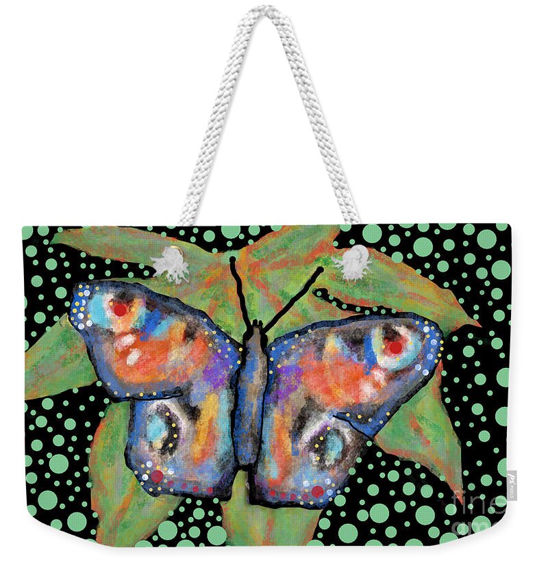 Green Butterfly Insect Animal Nature Abstract Mask Bag Lobby Office Unique Weekender Tote Bag featuring the painting Green Leaf Butterfly by Bradley Boug