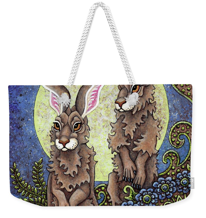 Hare Weekender Tote Bag featuring the painting Green Moon Guardians by Amy E Fraser