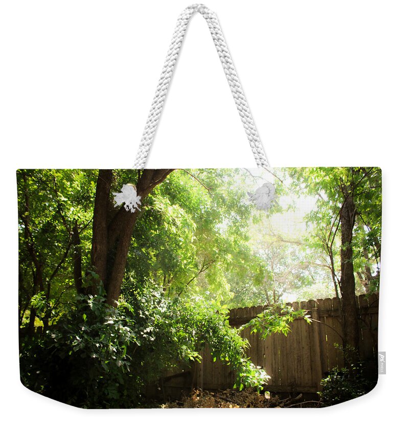 Green Weekender Tote Bag featuring the photograph Green Sunshine Fence by W Craig Photography