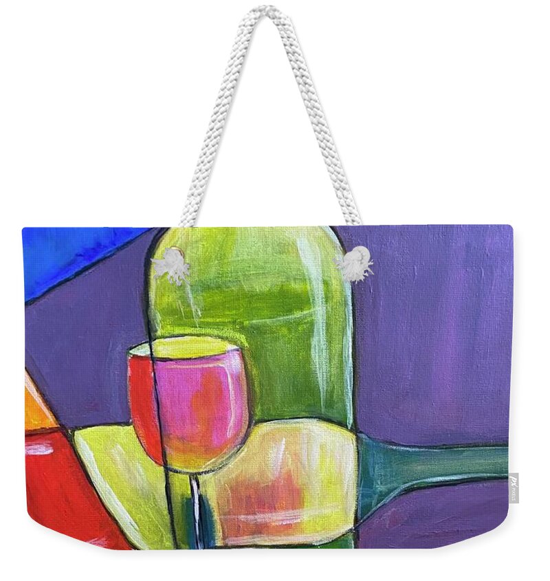 Abstract Weekender Tote Bag featuring the painting Green Wine Bottle and Glass by Denice Palanuk Wilson