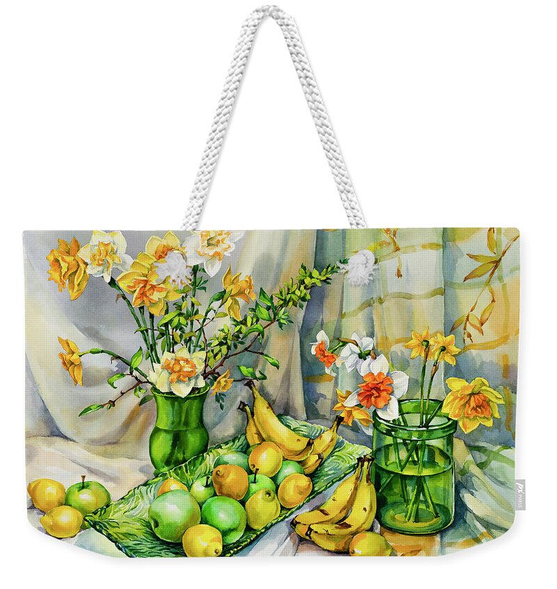 Green Weekender Tote Bag featuring the painting Green Yellow Still Life with Daffodils by Maria Rabinky