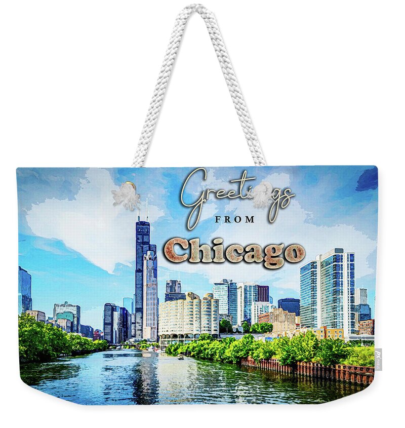 Chicago Weekender Tote Bag featuring the photograph Greetings from Chicago postcard by Joe Myeress