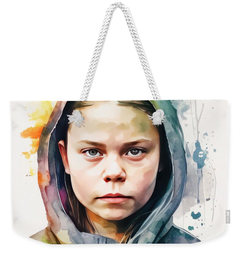 Greta Thunberg Weekender Tote Bag featuring the painting Greta Thunberg by My Head Cinema