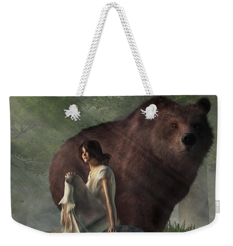 Grizzly Bear Weekender Tote Bag featuring the digital art Grizzly Bear and Girl in a Nightgown by Daniel Eskridge