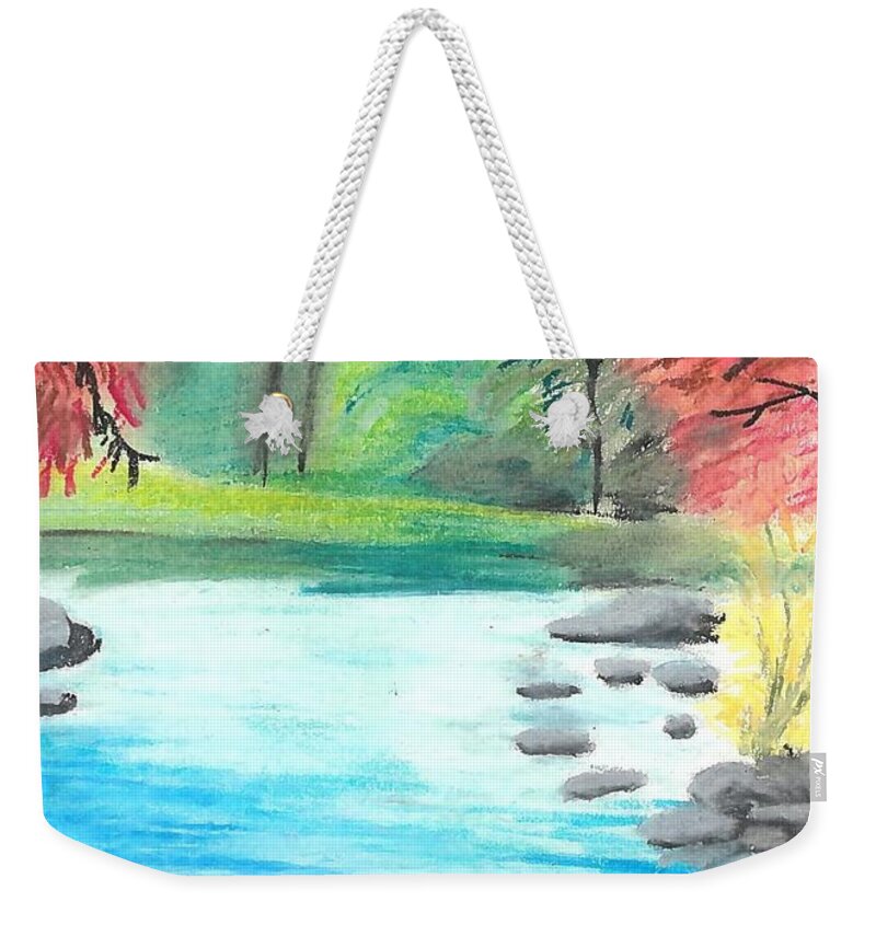 Oil Pastel River Drawing Weekender Tote Bag featuring the drawing Gruene River Oil Pastel by Expressions By Stephanie