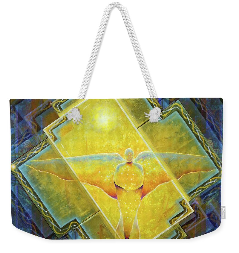 Light Weekender Tote Bag featuring the painting Guardian of Light by Kevin Chasing Wolf Hutchins