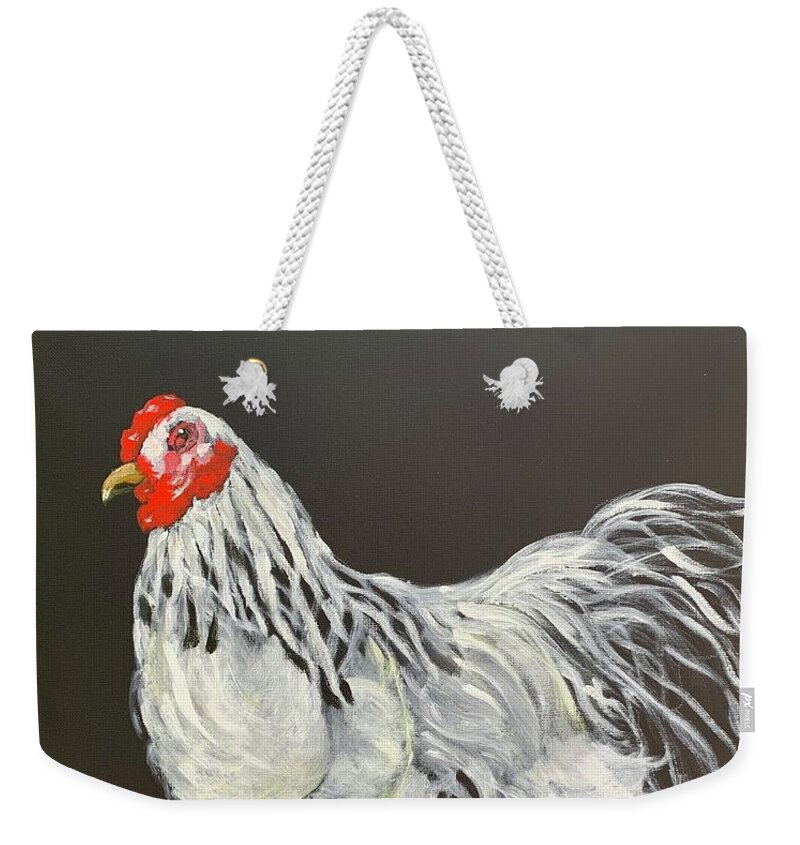 Rooster Weekender Tote Bag featuring the painting Guardian of the Farmyard by Juliette Becker