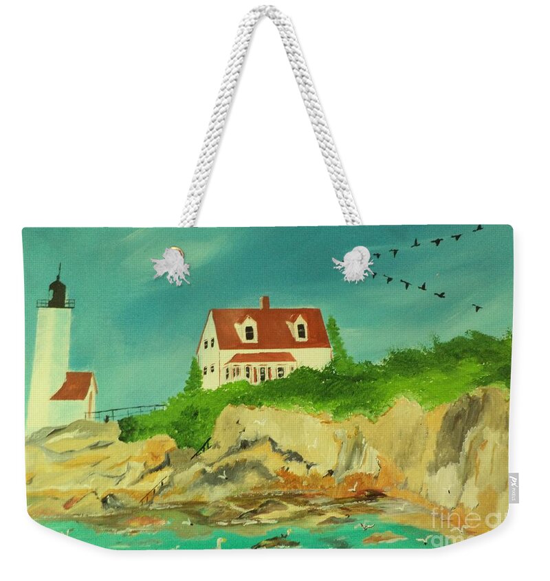 Lighthouse Weekender Tote Bag featuring the painting Guiding Light L.H. Seascape Painting # 302 by Donald Northup