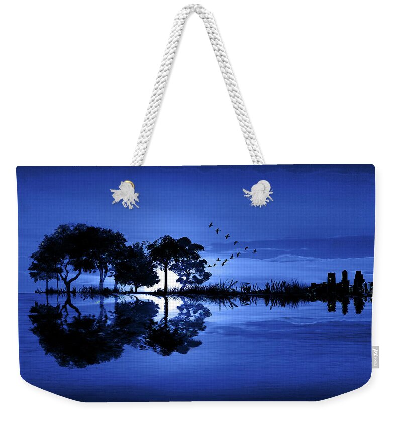 Music Weekender Tote Bag featuring the photograph Guitar Blue Landscape at Moonrise by Randall Nyhof