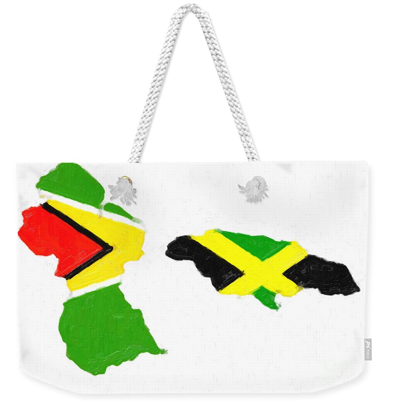 Guyana And Jamaica Weekender Tote Bag featuring the digital art Guyana Jamaica Painted Flag Map by Antony McAulay