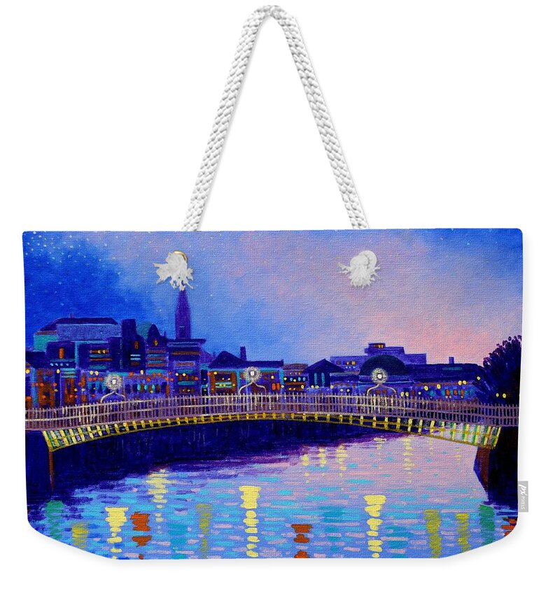 Dublin Weekender Tote Bag featuring the painting Ha Penny Bridge Dublin by John Nolan