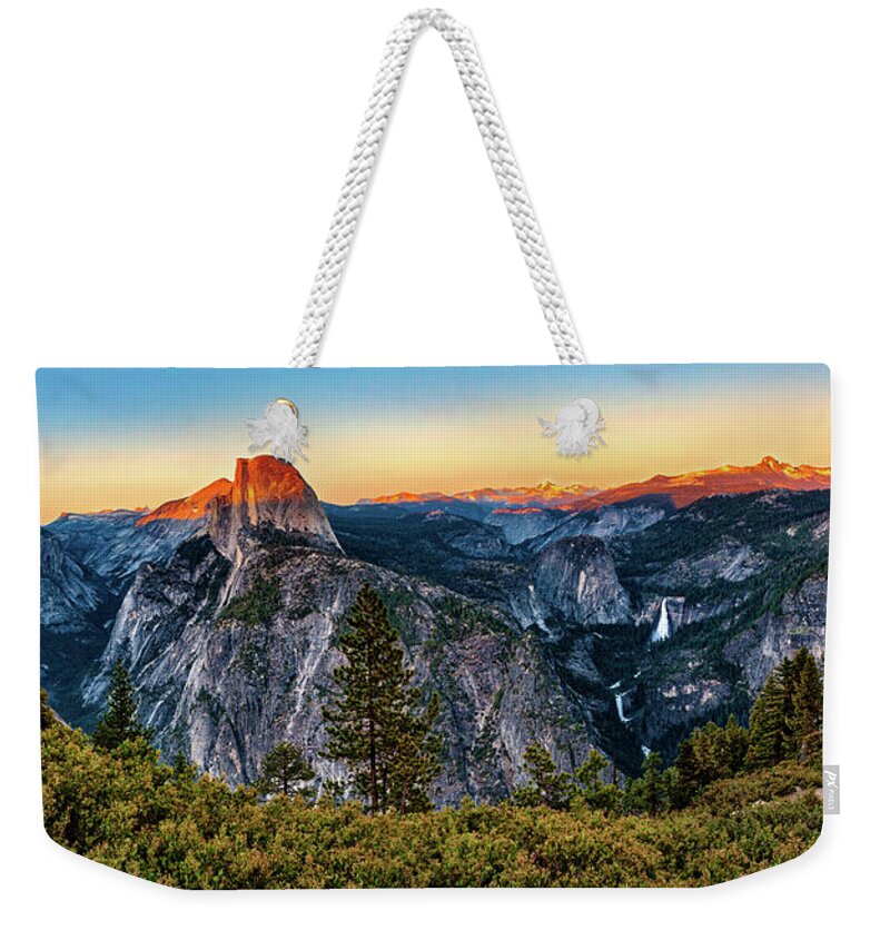 California Weekender Tote Bag featuring the photograph Half Dome Sunset at Yosemite Panorama by Dan Carmichael