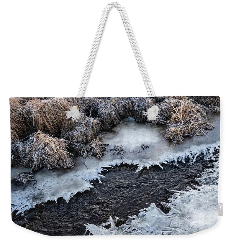 Ice Weekender Tote Bag featuring the photograph Half Frozen Creek by Karen Rispin