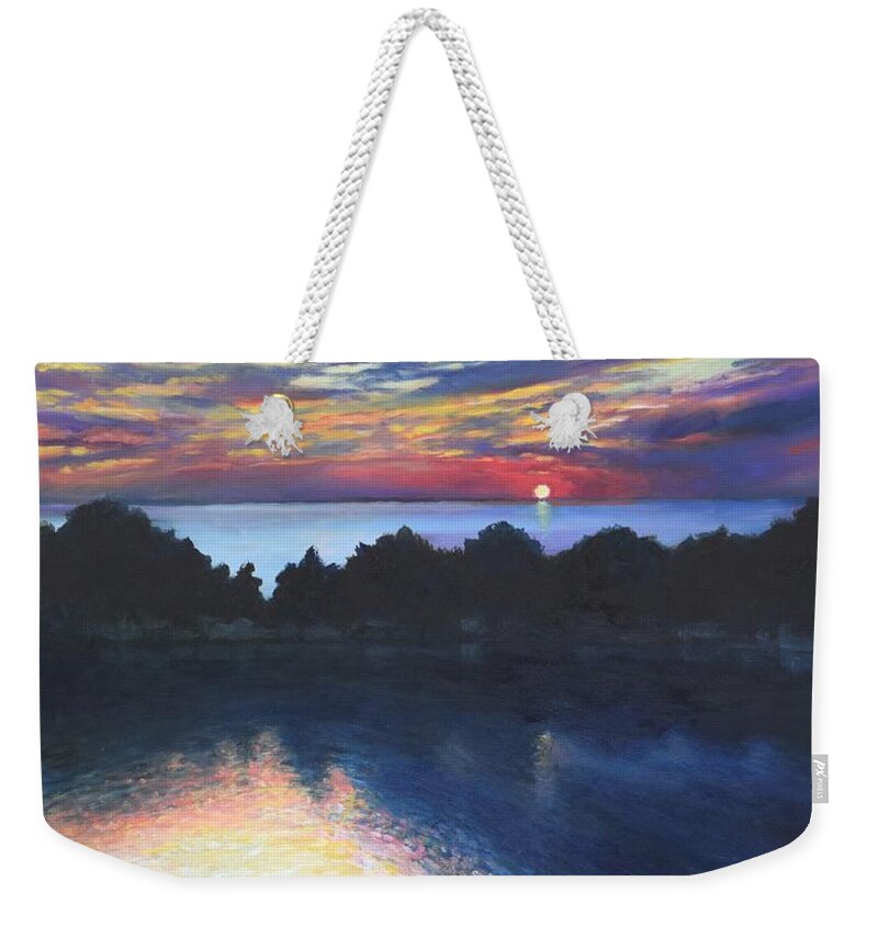 Sunset Weekender Tote Bag featuring the painting Halibut Point Sunset, Rockport, MA by Eileen Patten Oliver