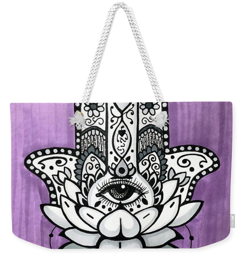 Hamsa Weekender Tote Bag featuring the drawing Hamsa on Purple by Creative Spirit