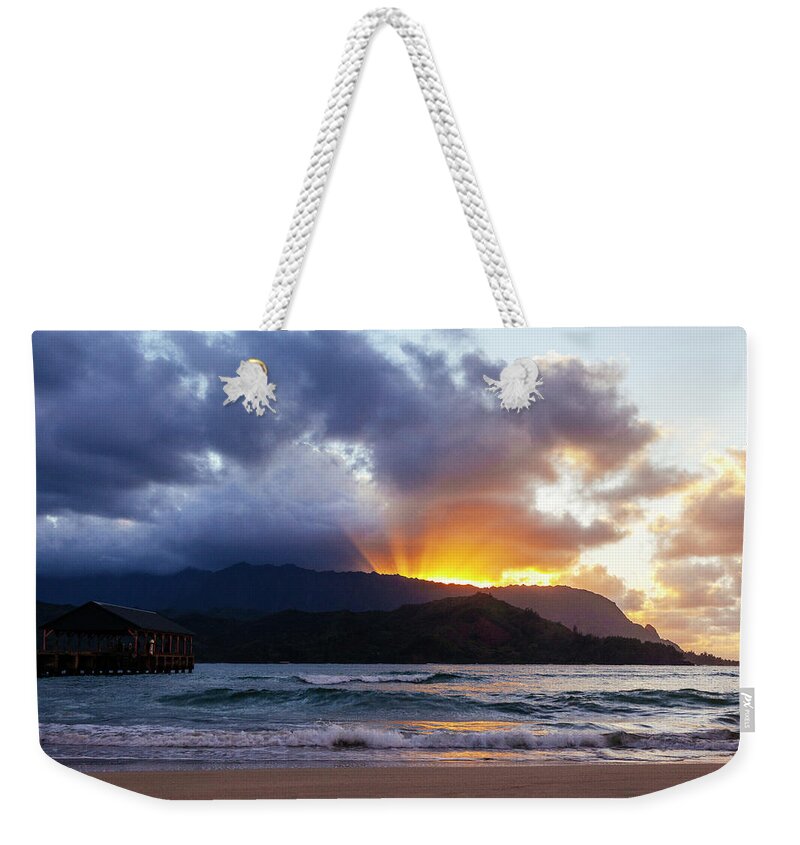 Hanalei Bay Weekender Tote Bag featuring the photograph Hanalei Bay and Pier at Sunset by Laura Tucker