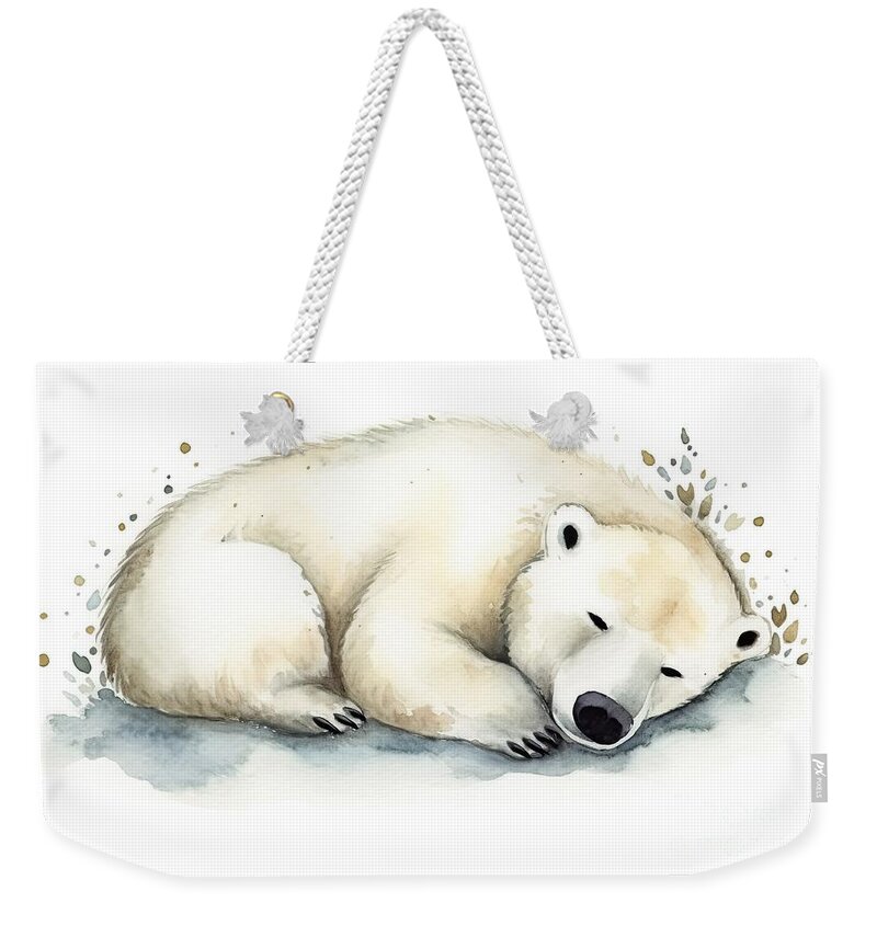 Bear Weekender Tote Bag featuring the painting Hand painted watercolor polar bear. Cute sleeping animal design - Sleeping white bear. by N Akkash