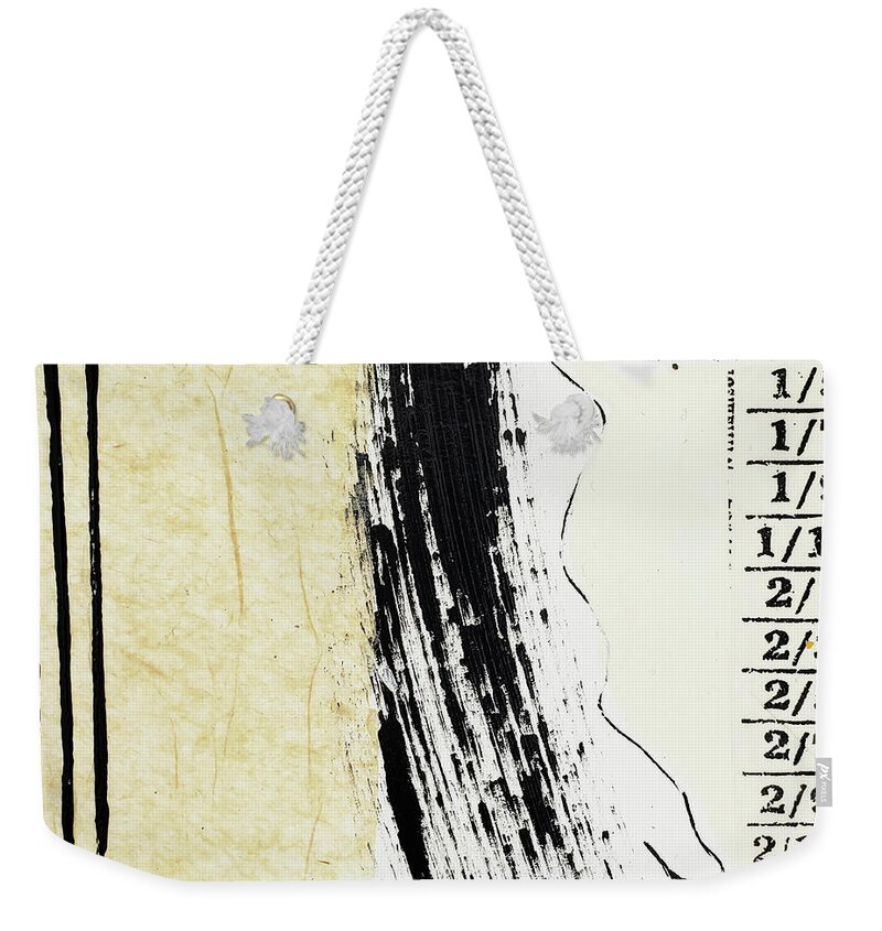 Abstract Weekender Tote Bag featuring the painting HANGING AROUND Abstract Collage Art Black and White Lines Numbers by Lynnie Lang