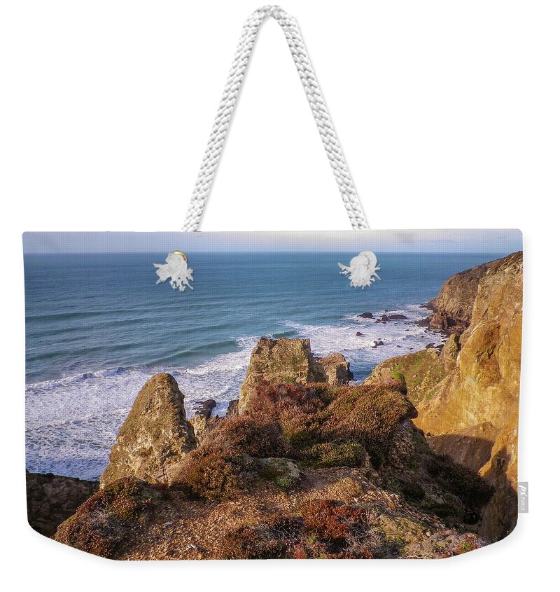 Cliff Weekender Tote Bag featuring the photograph Hanover Cove At Golden Hour St Agnes Cornwall by Richard Brookes