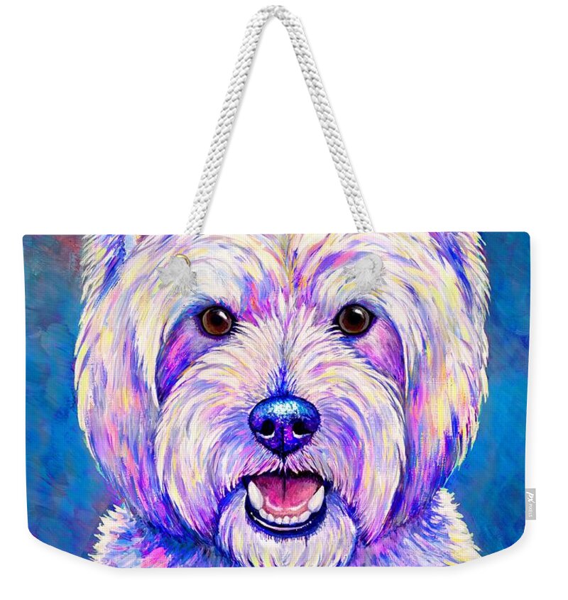 West Highland White Terrier Weekender Tote Bag featuring the painting Happiness - Neon Colorful West Highland White Terrier Dog by Rebecca Wang