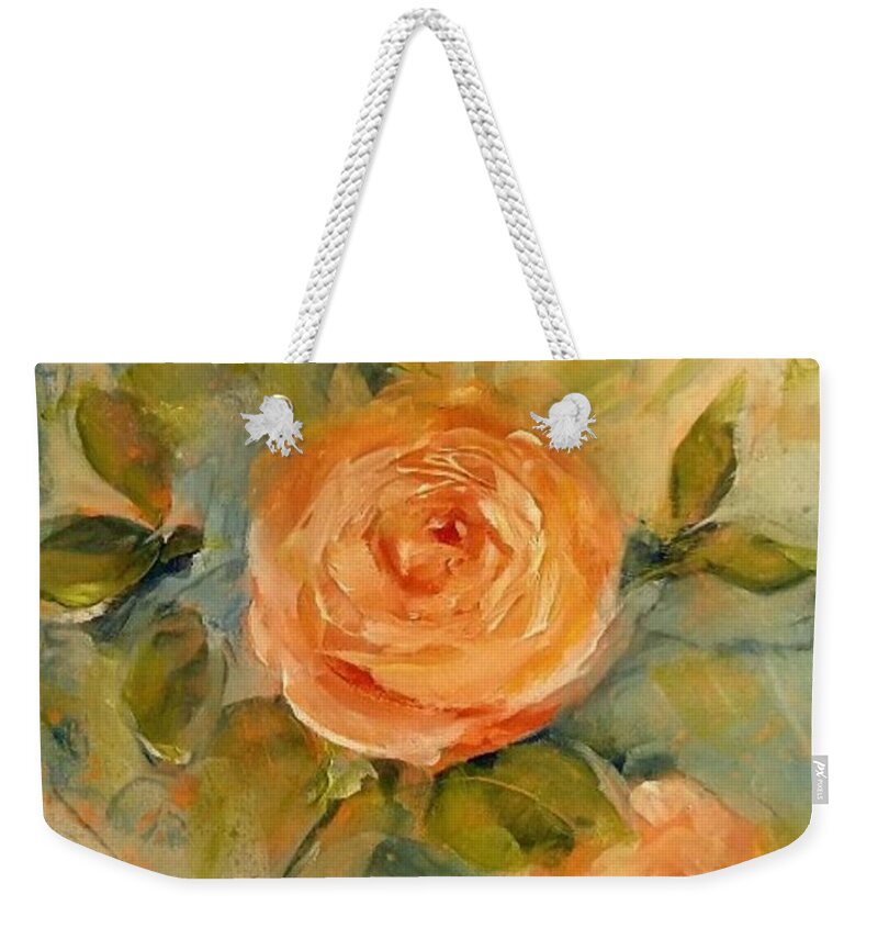 Rose Weekender Tote Bag featuring the painting Happy But Missing Mom Day Floral Painting by Lisa Kaiser