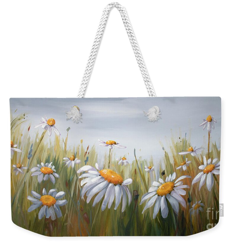 Flowers Weekender Tote Bag featuring the painting Happy Daisies - painting by Annie Troe