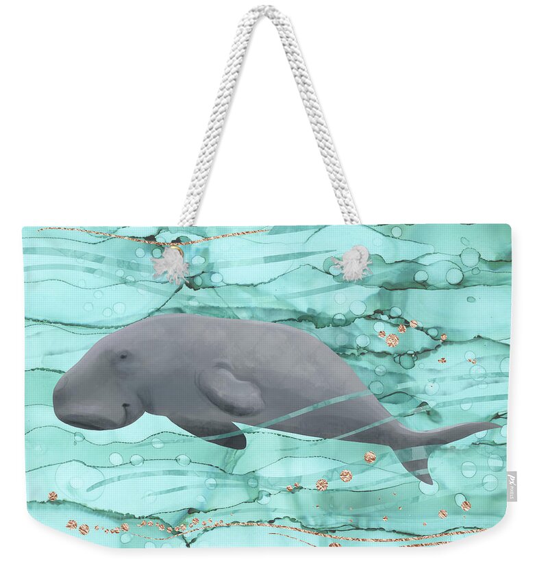 Happy Manatee Weekender Tote Bag featuring the digital art Happy Dugong Swimming in Coral Reef Waters by Andreea Dumez