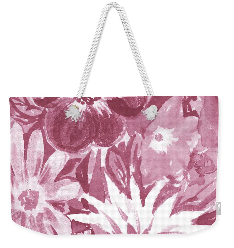 Abstract Flowers Weekender Tote Bag featuring the painting Happy Fresh Soft Dusty Pink Abstract Watercolor Flower Garden Floral Art IV by Irina Sztukowski