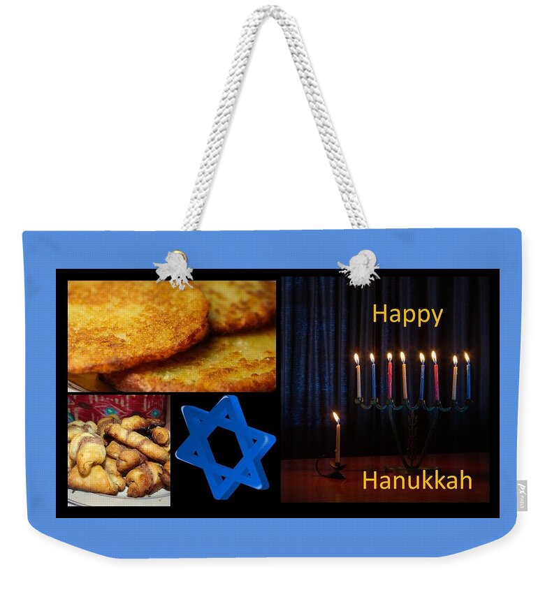 Hanukkah Weekender Tote Bag featuring the mixed media Happy Hanukkah Food by Nancy Ayanna Wyatt