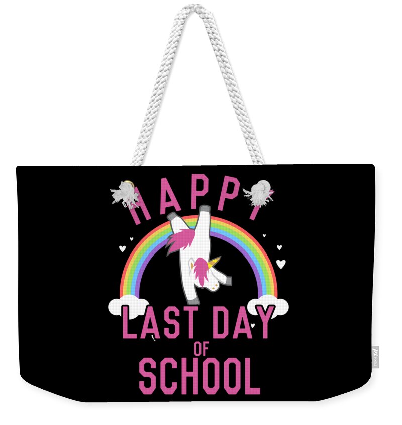Funny Weekender Tote Bag featuring the digital art Happy Last Day of School Unicorn Dancing by Flippin Sweet Gear