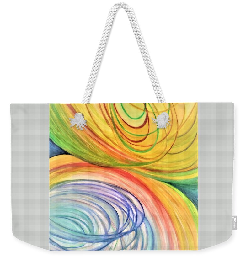 Abstract Weekender Tote Bag featuring the painting 'Happy Spirals to Lift Spirits' by Vivian Aaron