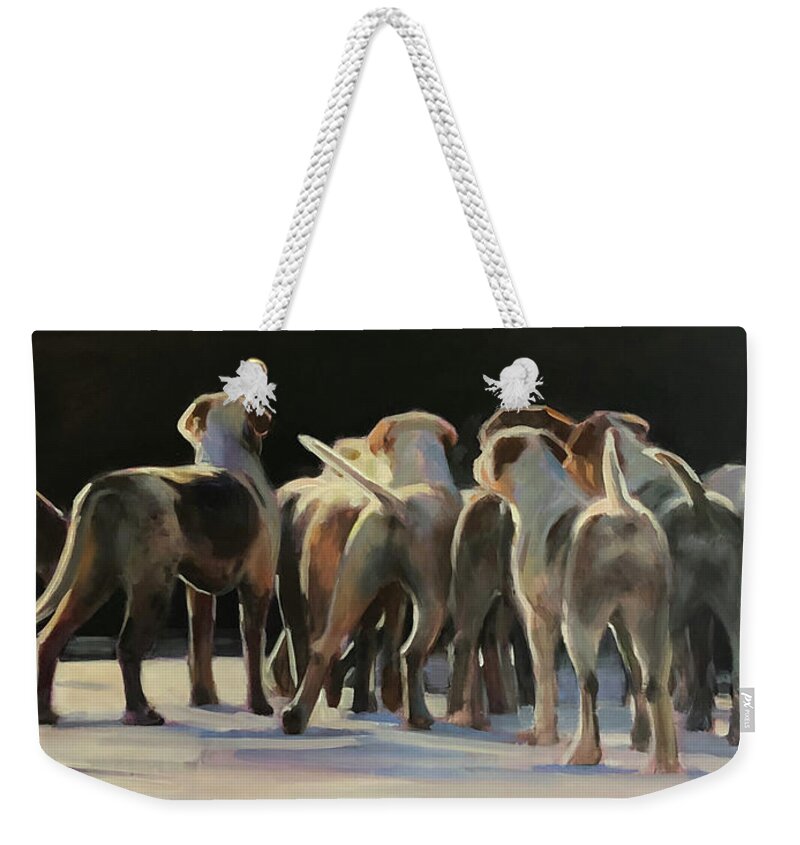 Hounds Weekender Tote Bag featuring the painting Happy Tails Waggin Train by Susan Bradbury