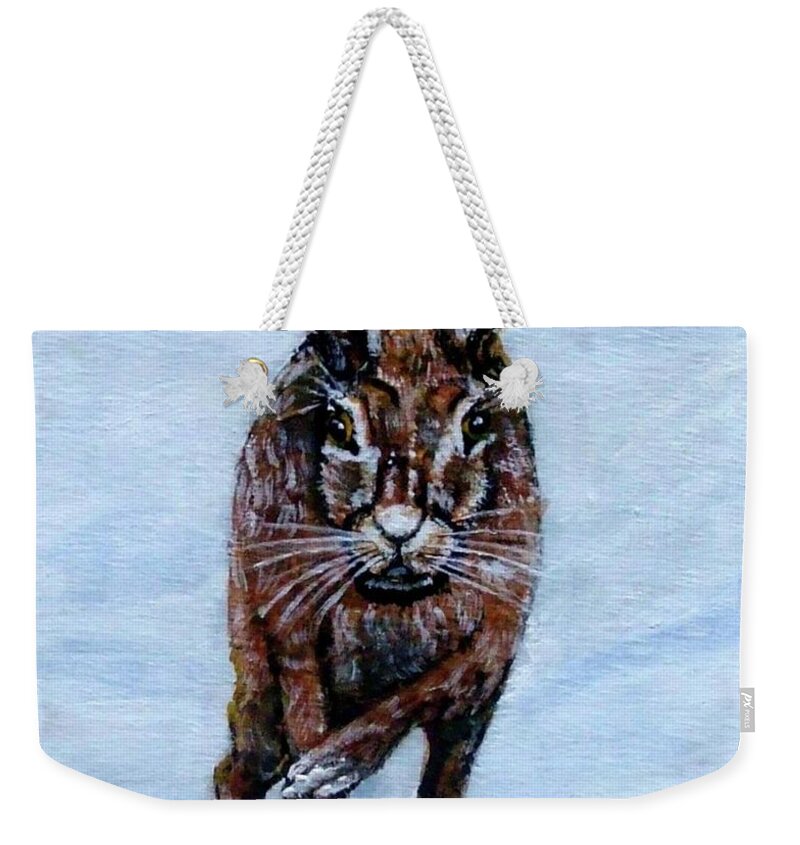 Hare Weekender Tote Bag featuring the painting HARE Running by Mackenzie Moulton