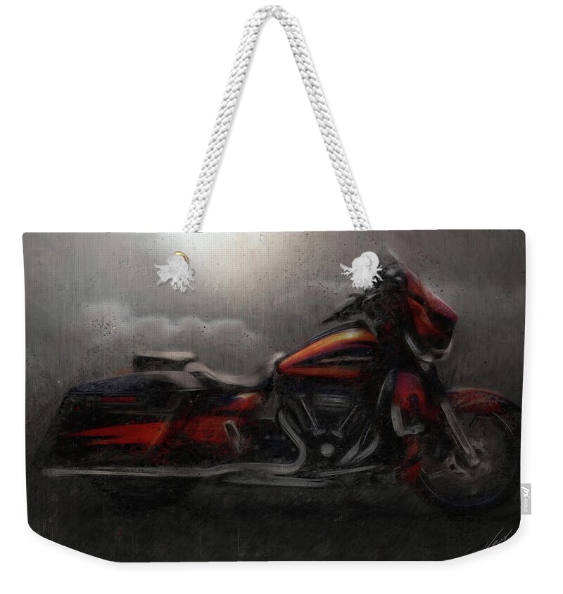 Motorcycle Weekender Tote Bag featuring the painting Harley-Davidson STREET GLIDE orange Motorcycle by Vart by Vart