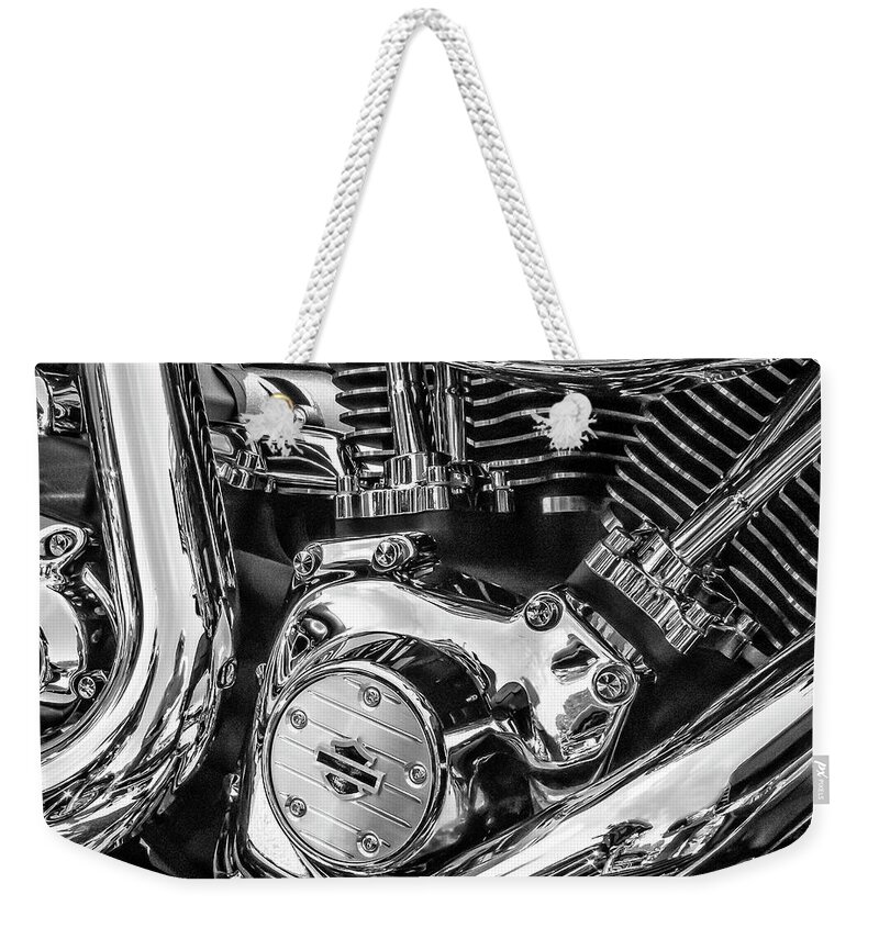 B&w Weekender Tote Bag featuring the photograph Harley Engine BW detail by Gary Warnimont