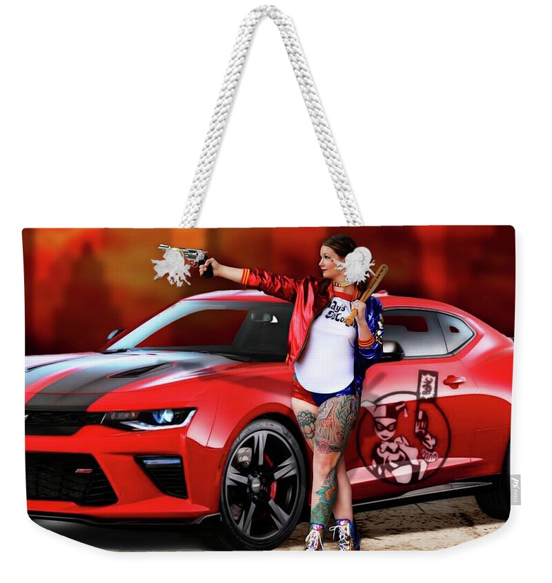 Harley Weekender Tote Bag featuring the photograph Harley Quinn Pistols and Car by Jon Volden