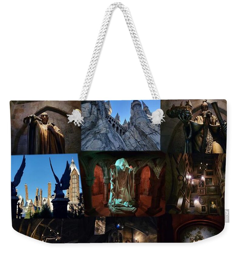 Hogwarts School Of Witchcraft And Wizardry Weekender Tote Bag featuring the mixed media Harry Potter forbidden journey poster green text by David Lee Thompson