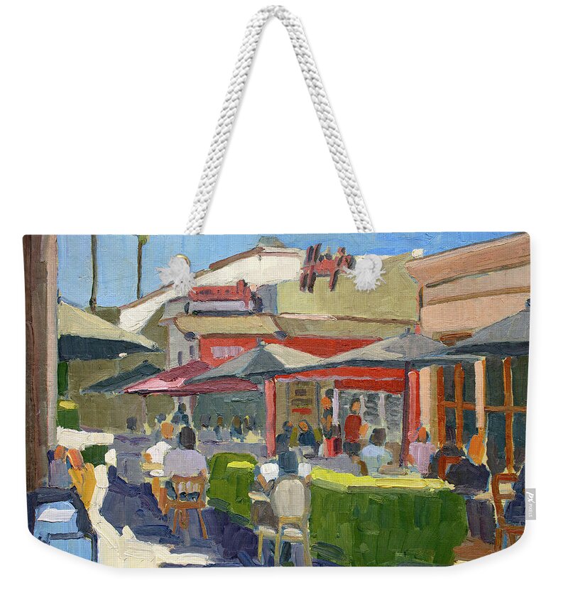 Harry's Coffee Shop Weekender Tote Bag featuring the painting Harry's Coffee Shop - La Jolla, San Diego, California by Paul Strahm
