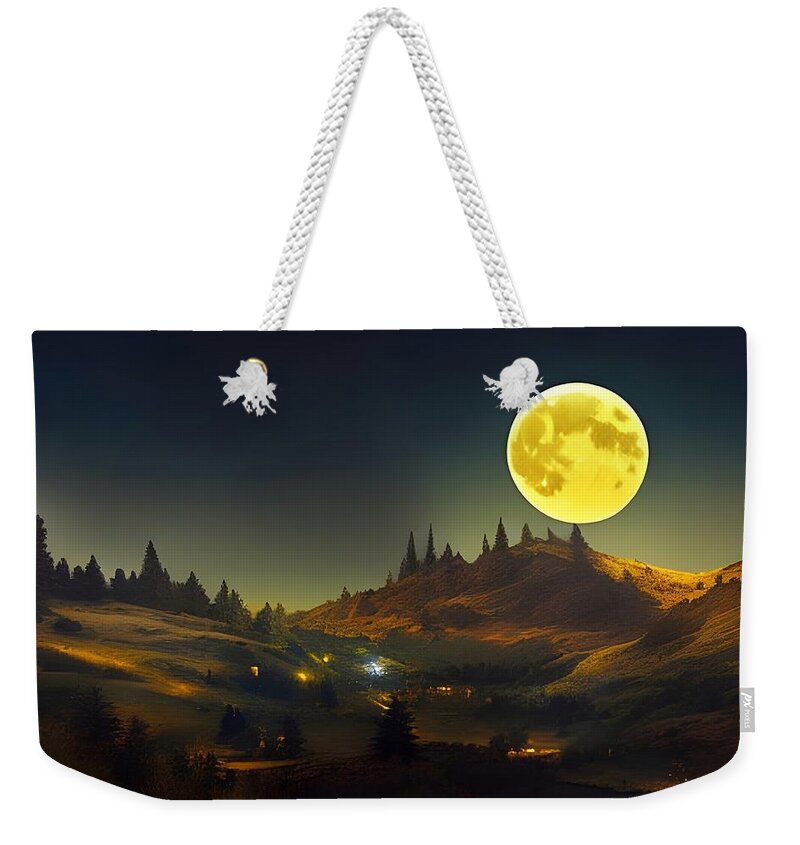 Digital Weekender Tote Bag featuring the digital art Harvest Moon Over Farm by Beverly Read