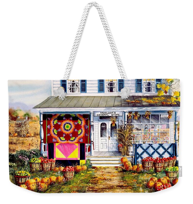 Country Store Weekender Tote Bag featuring the painting Harvest Quilts by Diane Phalen