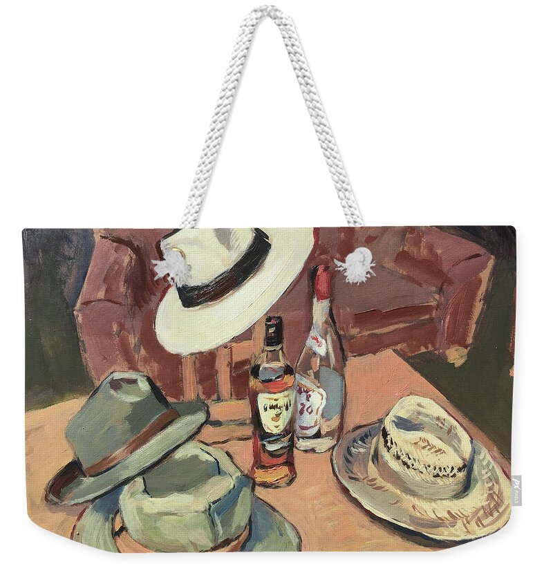 Hat Weekender Tote Bag featuring the painting Hats and Bottles by Nop Briex