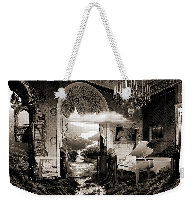 Music Instrument Piano Landscape Interior Classic Gothic Figure Walls Arch Weekender Tote Bag featuring the digital art Haunting Goth or Conception of Gothic music lyrics by George Grie