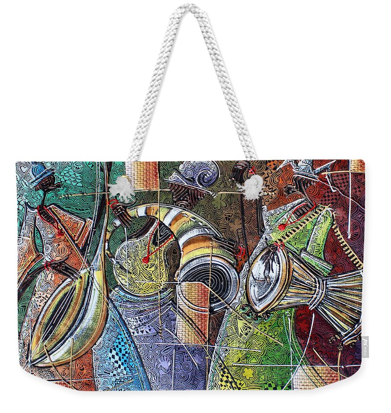Africa Weekender Tote Bag featuring the painting Yoruba, Hausa, Ibo Musicians - 5 by Paul Gbolade Omidiran