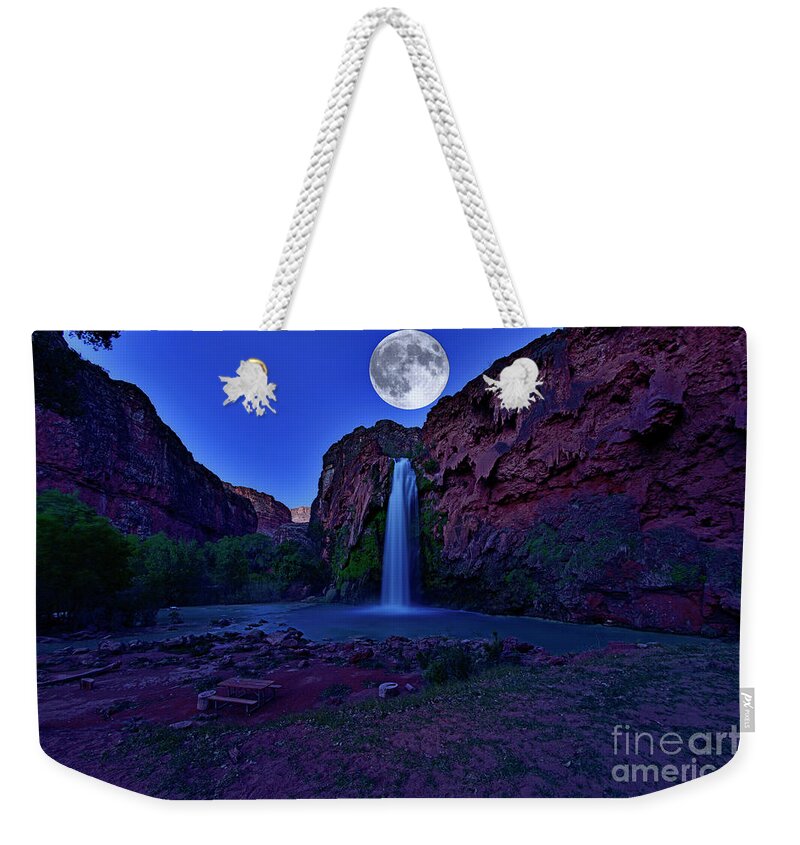 Havasu Falls Weekender Tote Bag featuring the photograph Havasu Falls with Raising Moon by Amazing Action Photo Video