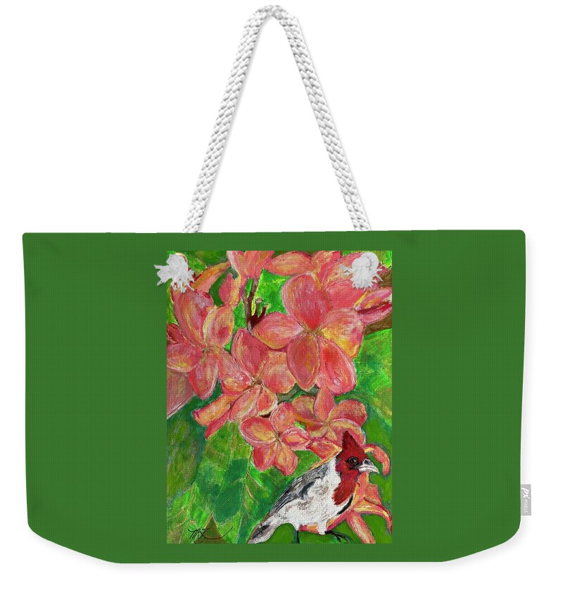 Flowers Weekender Tote Bag featuring the painting Hawaiian Red Cardinal in Plumeria by Melody Fowler