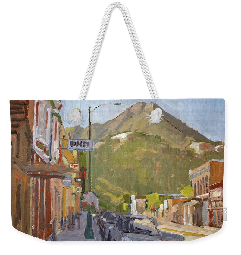 Ouray Weekender Tote Bag featuring the painting Mount Abrams From Main Street - Ouray, Colorado by Paul Strahm